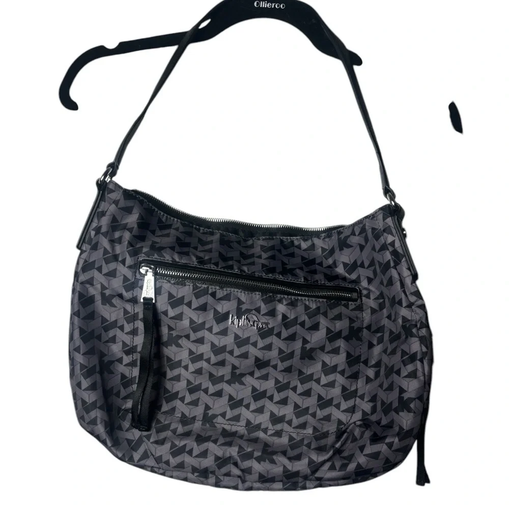 Kipling Zip Expandable Shoulder Handbag Gray Geometric Hardware HB7006 Washable